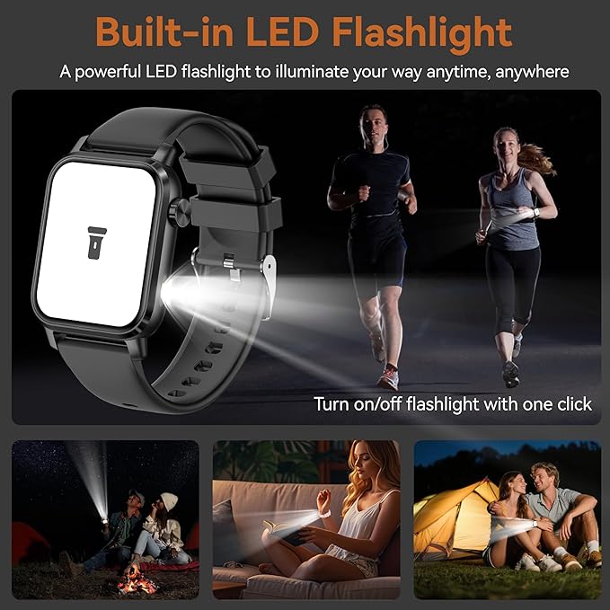 KPEP Smart Watches with LED Flashlight, 1.85" HD Smartwatches for Men Women, Answer/Make Calls, Heart Rate/SpO2/Sleep Monitor, 100+ Sport Modes, IP68 Waterproof Fitness Tracker for iOS Android, Black