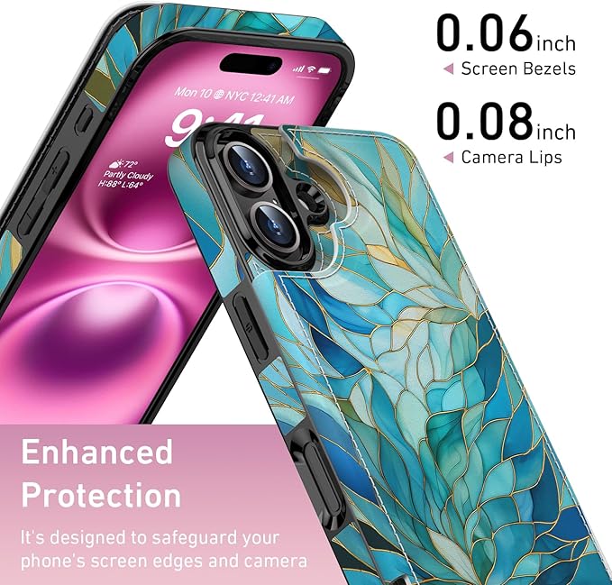 FUNMIKO for iPhone 16 Wallet Case with Card Holder, RFID-Blocking, Military-Grade Protection & UV-Printed Artwork, Magnetic Closure with Leather Kickstand - Sleek Cyan Leaf