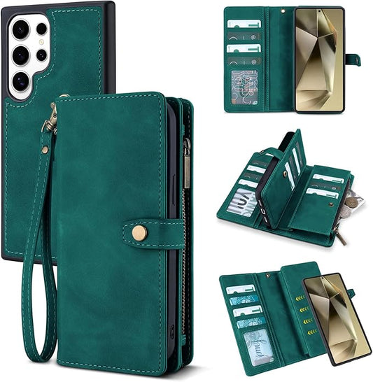 TwoHead for Samsung Galaxy S24 Ultra Wallet Case with Card Holder & Detachable Magnetic Phone Case for Galaxy S24 Ultra,PU Leather Shockproof Protective Phone Cover Wallet(6.8 in,Green)