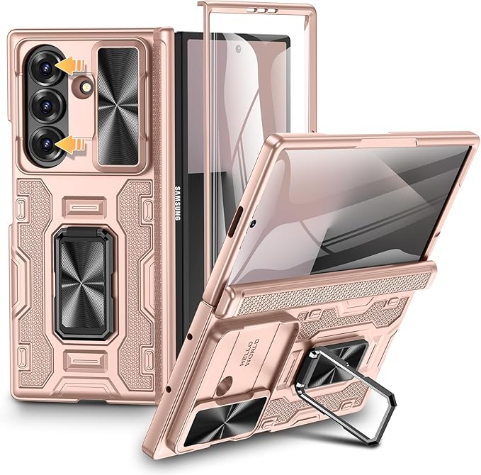 VEGO for Samsung Galaxy Z Fold 7 Case with Stand[Built in Screen Protector & Slide Lens Cover]Hinge Protection Hard Shell Rugged Kickstand Full Body Protective Phone Case for Z Fold 7 2025 - Rose Gold