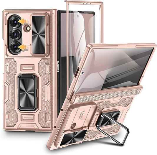 VEGO for Samsung Galaxy Z Fold 7 Case with Stand[Built in Screen Protector & Slide Lens Cover]Hinge Protection Hard Shell Rugged Kickstand Full Body Protective Phone Case for Z Fold 7 2025 - Rose Gold