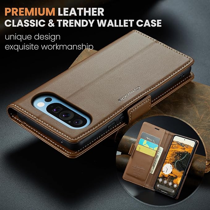 for Google Pixel 9 Pro XL Case, Premium PU Leather Wallet Case Flip Cover with [RFID Blocking][Card Holder][Stand Function] Shockproof Protective for Google 9 Pro XL, Brown