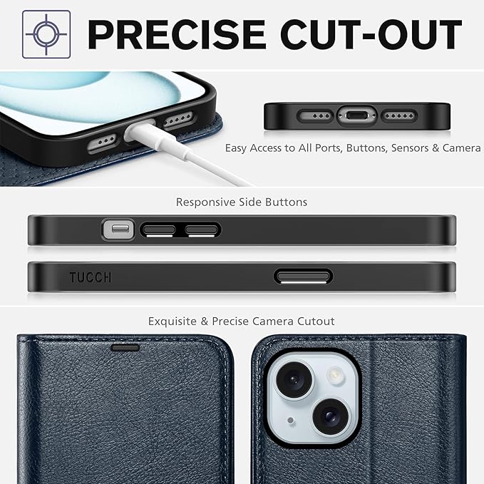 TUCCH Case for iPhone 15 Case Wallet 6.1", [TPU Shockproof Inner Shell], Kickstand PU Leather [RFID Blocking] 4 Card Holder Magnetic Stand Protective Cover Compatible with iPhone 15 5G 2023, Navy Blue