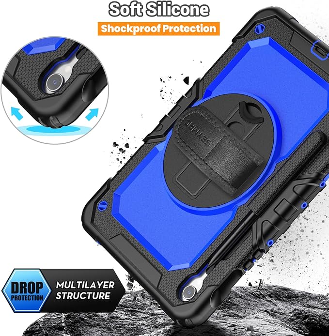 SEYMAC Case for Samsung Galaxy Tab S10 Lite/ S10 FE/ S9 FE/ S9 5G (10.9''/11''), Heavy Duty Shockproof Protective Case with Screen Protector, Rotating Stand, Hand Strap and Pen Holder, Blue