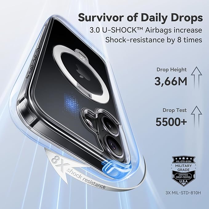 CASEKOO White Clear Designed for iPhone 17 Case with 360 Spin Magnetic Stand [Fit for MagSafe][17FT Military Protection] Slim Polished for iPhone 17 Case with Stand 6.3'', White Clear