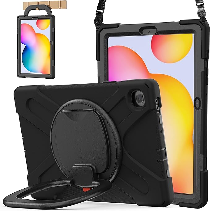 BATYUE Case for Samsung Galaxy Tab S6 Lite 10.4 Inch 2024/2022/2020 (SM-P610/SM-P613/SM-P615/SM-P619/SM-P620), Protective Case with Shoulder Strap, 360° Swivel Stand, Shockproof Drop; for Kids - Black