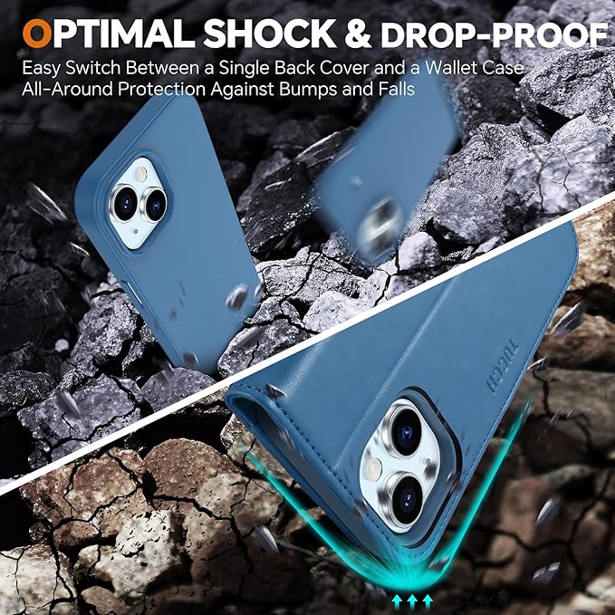 TUCCH Case Wallet for iPhone 15, Removable 2-in-1 Kickstand RFID Blocking 4 Card Slot Wireless Charging Protective Case, PU Leather Magnetic Detachable Folio Compatible with iPhone 15 6.1", Lake Blue