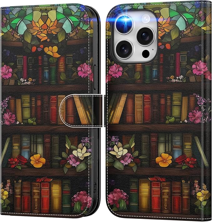 DEENAKIN for iPhone 15 Pro Wallet Case with Card Holder + Cash Clip, RFID-Blocking, Military-Grade Drop Protection, Magnetic Closure with Leather Kickstand - Bookshelf Flowers
