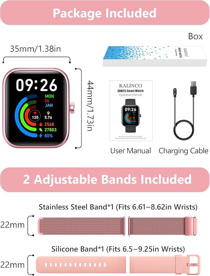 KALINCO Smart Watch Women [2 Bands, 44mm case] Alexa Fitness Tracker, Heart Rate, Sleep, Stress & SpO2 Monitor, IP68 Waterproof Smartwatch, Make/Answer Calls, Compatible with iPhone & Android Phones
