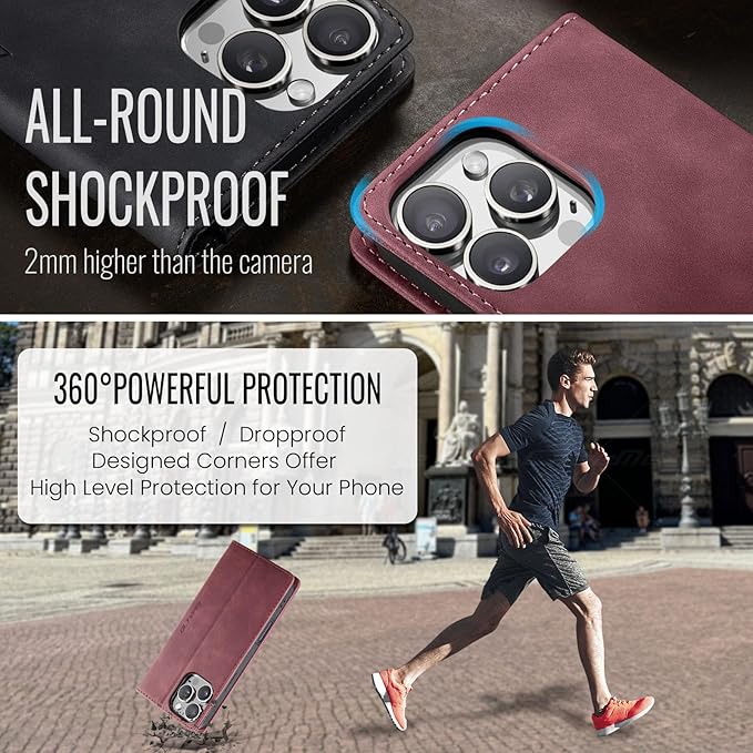 QLTYPRI for iPhone 16 Pro Max Case Wallet with Card Holder, Vintage PU Leather Kickstand Magnetic Closure Shockproof Folio Book Cover Case for iPhone 16 Pro Max - Wine Red