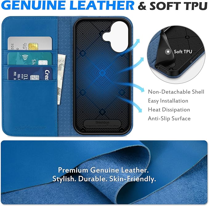 SHIELDON Wallet Case for iPhone 16 2024, Genuine Leather Folio Case with Kickstand, RFID Blocking Card Slots, Magnetic Shockproof Cover, Compatible with iPhone 16 5G 6.1" - Nappa Sapphire Blue