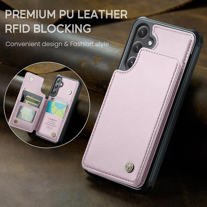 Vinich for Samsung Galaxy S25 Plus Wallet Case with Card Holder, RFID Blocking Credit Slots Kickstand Shockproof Phone Cover for Women Men, Pink