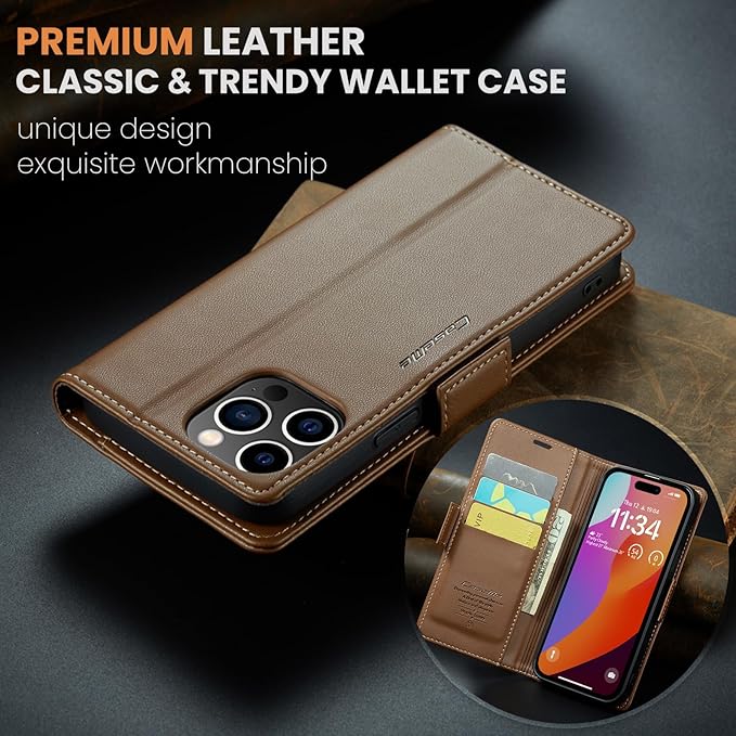 for iPhone 15 Pro Max Case, Premium PU Leather Wallet Case Flip Cover with [RFID Blocking][Card Holder][Stand Function] Shockproof Protective for iPhone 15 Pro Max 6.7", Brown