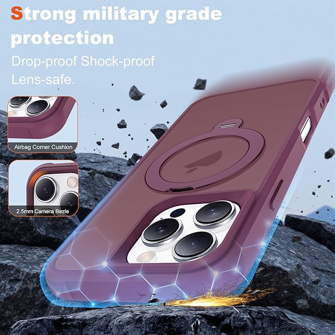 Compatible with iPhone 16 Pro Case with Invisible Magnetic 360°Spin Stand,Military-Grade Shockproof Protection [Compatible with Mag-Safe] Non-Slip Edge Translucent Case (6.3",Wine Red)