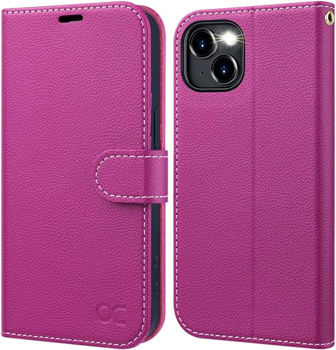 OCASE Compatible with iPhone 15 Wallet Case, PU Leather Flip Folio Case with Card Holders RFID Blocking Kickstand [Shockproof TPU Inner Shell] Phone Cover 6.1 Inch 2023, Litchi Rose