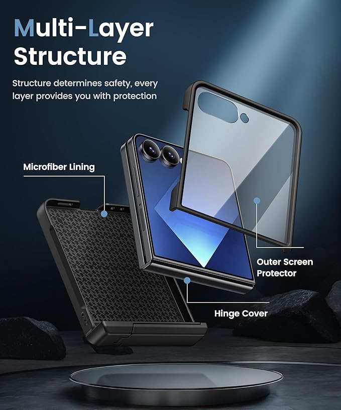 Vihibii for Samsung Galaxy Z Flip 7 Case with Kickstand & Rugged Hinge Protection & Outer Screen Protector & Non-Slip Texture, Shockproof Full Body Cover Case for Samsung Galaxy Z Flip 7 2025, Black