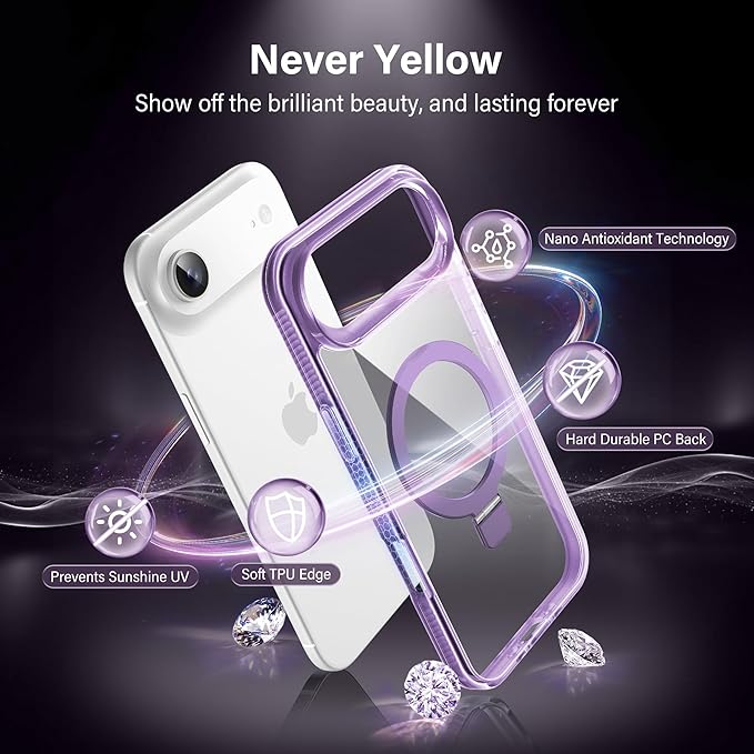 Magnetic Case for iPhone Air - [Built-in Invisible Stand] [Compatible with MagSafe] [Military Grade Drop Protection] Anti-Yellowing Hard Back Silicone Edge Cover, 6.5", Clear Purple