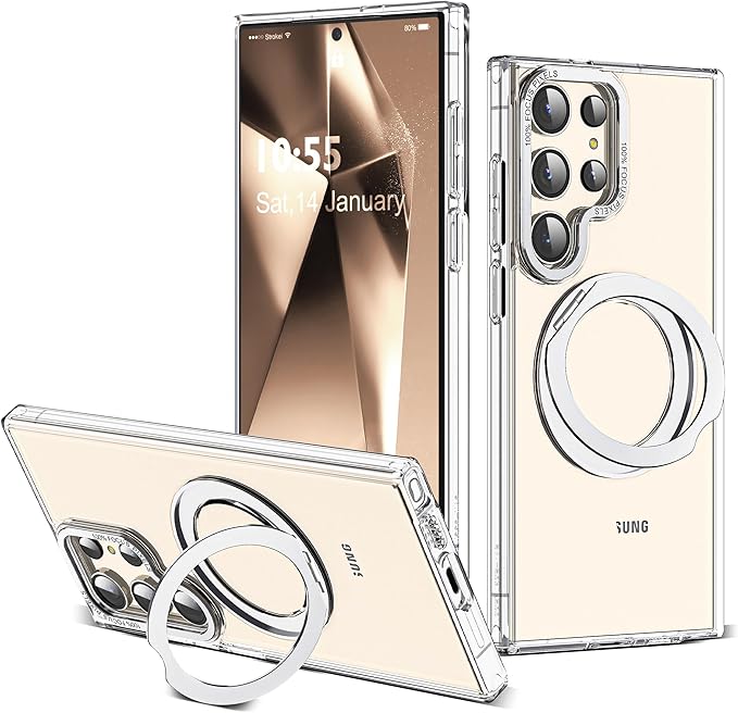 Compatible with Samsung Galaxy S24 Ultra Case with 360Rotatable Magnetic Ring Stand Compatible with Mag-Safe Military Protection Shockproof Transparent Phone Case for S24 Ultra 6.8",Clear
