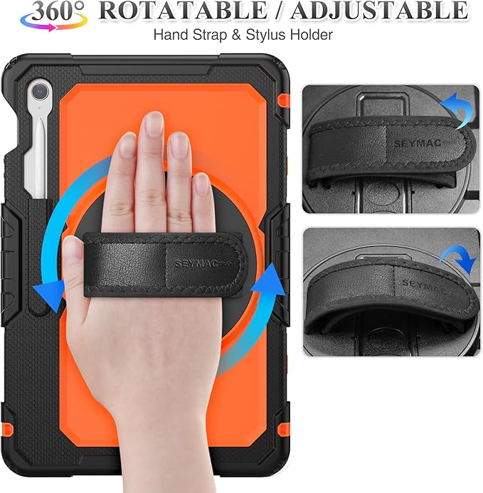 SEYMAC stock Case for Samsung Galaxy Tab S10 FE+ Plus 5G Tablet Case 13.1'' Protective with Screen Protector, Pencil Holder, 360 Rotating Stand, Hand Strap, Shoulder Strap, Orange
