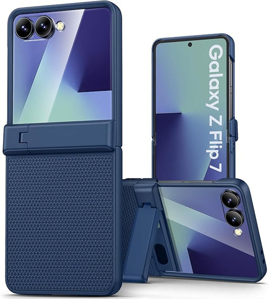 Vihibii for Samsung Galaxy Z Flip 7 Case Slim with Stand & Rugged Hinge Protection & Outer Screen Protector & Non-Slip Texture, Shockproof Protective Cover Phone Case for Galaxy Z Flip 7 5G 2025, Blue