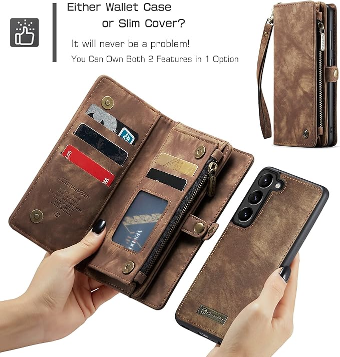 SZHAIYU 2 in 1 Detachable for Samsung Galaxy S23 Wallet Case with Card Holder, Retro Premium Flip Leather Cover Magnetic Zipper Pocket Phone Cases 6.1'' (Coffee,S23)