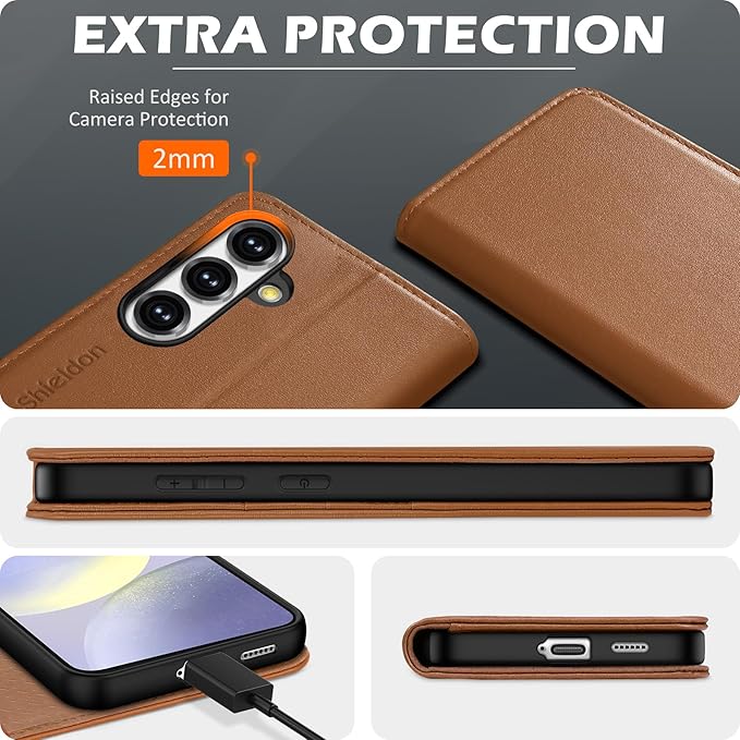 SHIELDON Case for Galaxy S25 Plus 5G, Genuine Leather Wallet Case with Kickstand RFID Blocking Card Holder Magnetic Shock Absorbing Cover Compatible with Galaxy S25+ 6.7" 2025 - Nappa Saddle Brown