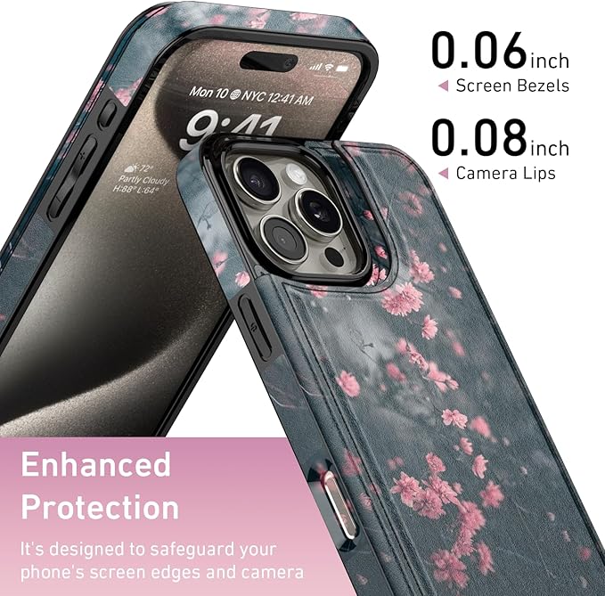 FUNMIKO for iPhone 14 Pro Max Wallet Case with Card Holder, RFID-Blocking, Military-Grade Protection & UV-Printed Artwork, Magnetic Closure with Leather Kickstand - Mystic Blooming Plum