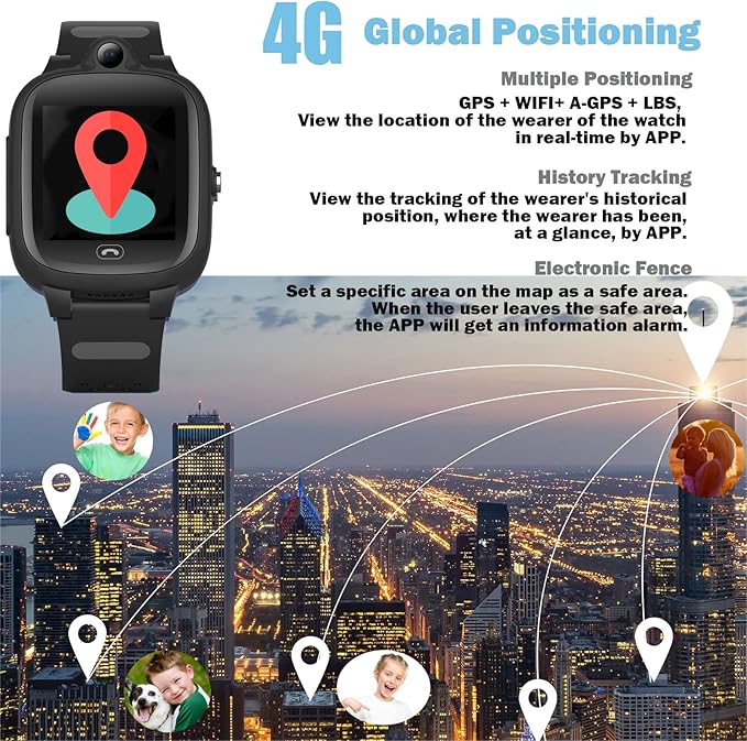 Kids Elderly 4G GPS Smart Watch Global Version Waterproof Real-Time Tracking Phone Video Call and Text SOS Emergency Alarm Voice Message Camera Geo-Fence Pedometer Anti-Lost GPS Tracker Birthday