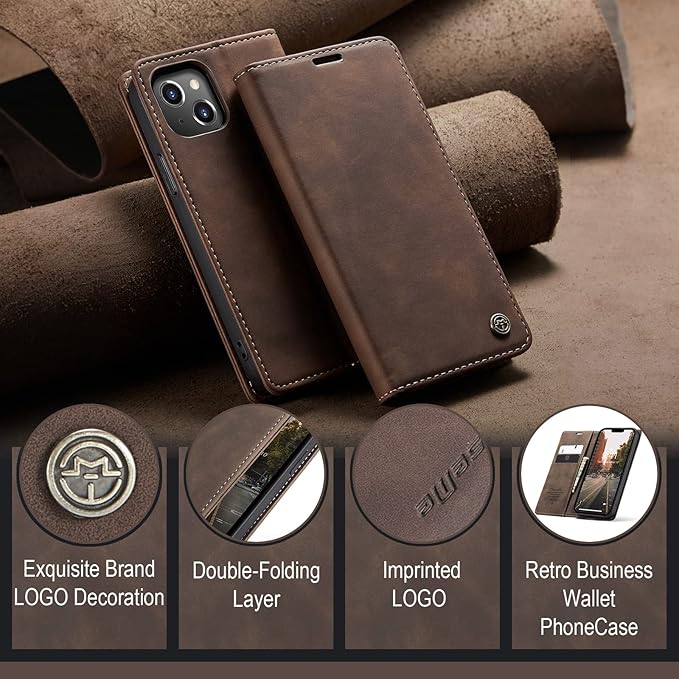 for iPhone 14 Case, Flip Wallet Leather Case with Card Holder Magnetic Closure Shockproof Kickstand Protective Phone Cases Cover for iPhone 14, Coffee