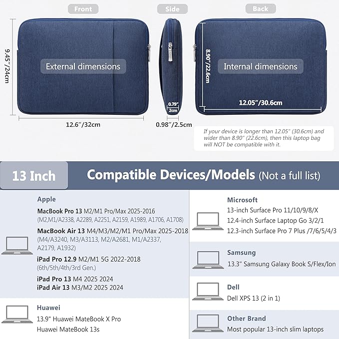 HYZUO 13 Inch Laptop Sleeve Bag Set for MacBook Air 13 M4/M3/M2/M1 2025-2018, MacBook Pro 13 M2/M1 2025-2016, iPad Pro/Air 13, XPS 13, Surface Pro, Notebook Case for 12"-13" Tablet, Navy Blue
