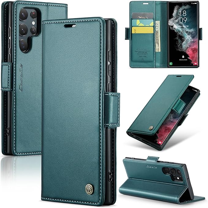 Case for Samsung Galaxy S22 Ultra Wallet Case, RFID Blocking PU Leather Flip Folio Cover Card Holder Kickstand Shockproof Phone Case Compatible with Samsung Galaxy S22 Ultra, Blue Green