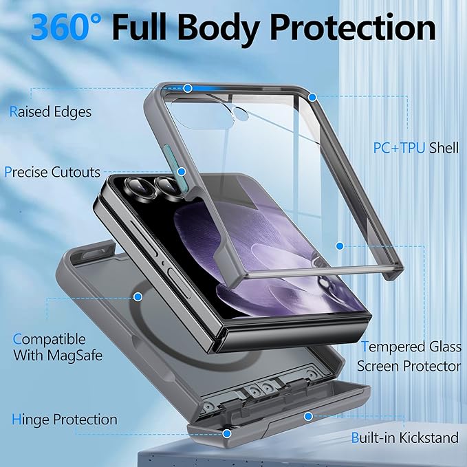 for Samsung Galaxy Z Flip 7 Case Compatible with Magsafe [Hinge Protection＆ Kickstand][Built-in Front Screen Protector] 15FT Military Shockproof Full Body Phone Case for Galaxy Z Flip 7 (Gray)