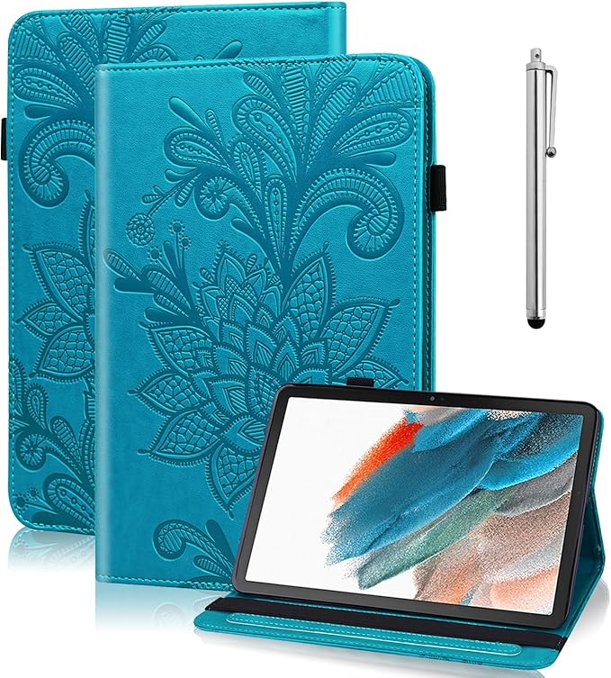 Case for Lenovo Tab M9 9 inch (TB-310FU), Embossed Lace PU Leather Flip Folio Protective Tablet Case with Elastic Band Card Slots Pen Holder, Multi-Angle Viewing Stand Cover - Blue