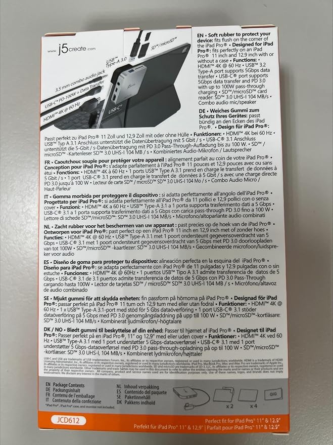 j5create iPad Pro USB C Hub- 6-in-1 Travel Dock for iPad Pro 12.9”/11”, with 4K@60Hz HDMI, USB C PD Charging 100W & Data, USB A 3.1, SD and microSD Card Reader, 3.5mm Headphone Jack (JCD612)