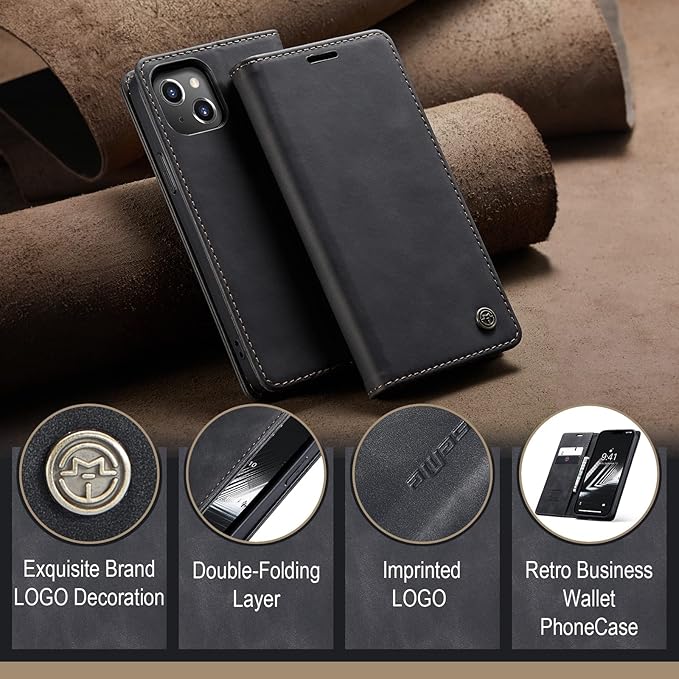 for iPhone 14 Case, Flip Wallet Leather Case with Card Holder Magnetic Closure Shockproof Kickstand Protective Phone Cases Cover for iPhone 14, Black