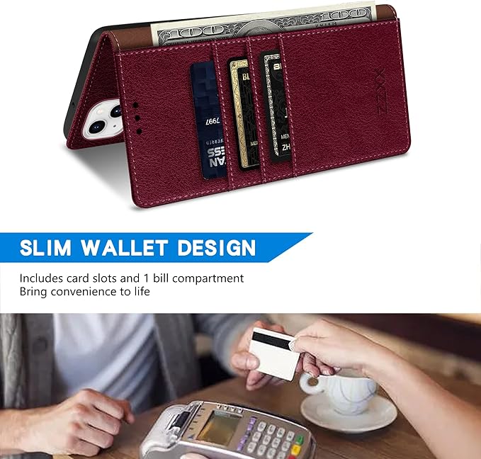 ZZXX for iPhone 14 Wallet Case with [RFID Blocking] Card Slot Kickstand Magnetic Closure Leather Flip Fold Protective Phone Case for iPhone 14 Case Wallet(Wine Red-6.1 inch)