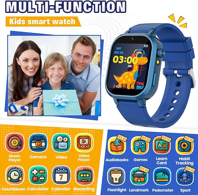 Vakzovy Kids Waterproof Smart Watch Boys Gift Age 4-12, Kids Watch with 39 Games Video Camera Music Player Alarm Clock Pedometer Calculator Habit Tracking Birthday Gift for 6 7 8 9 Year Olds Boys