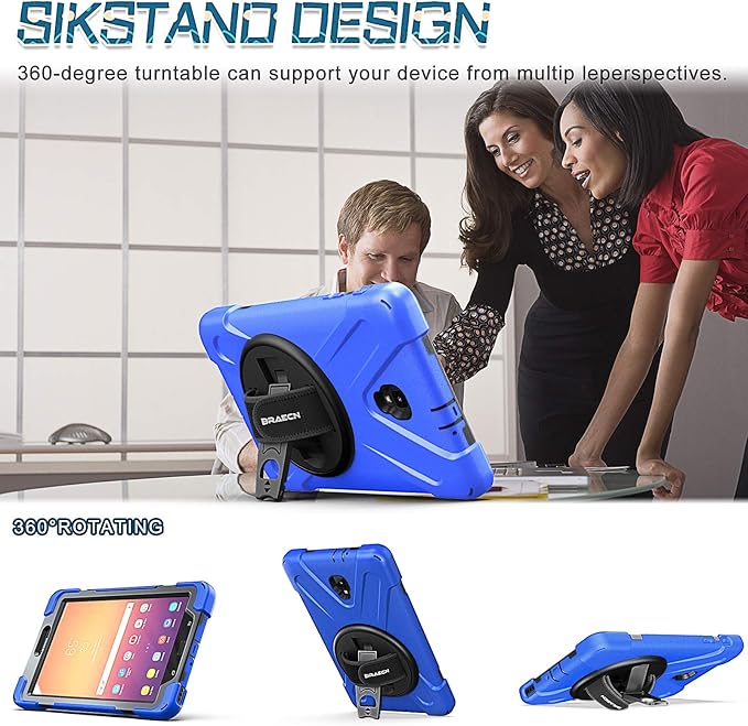 BRAECNstock for Samsung Galaxy Tab A 8.0 2017 Case (SM-T380/T385) Heavy Duty Shockproof Protective Case with Rotating Hand Strap Kickstand Shoulder Strap Galaxy Tab A SM-T380 Tablet Case Kids - Blue