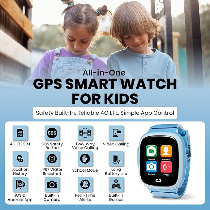 Kids Watch with GPS Tracker, Two-Way Calling, Real-Time Tracking & SOS Alerts - Smart Watch for Kids Call and Text with Geo-Fencing, School Mode, Water-Resistant, Long Battery Life & Parental Controls