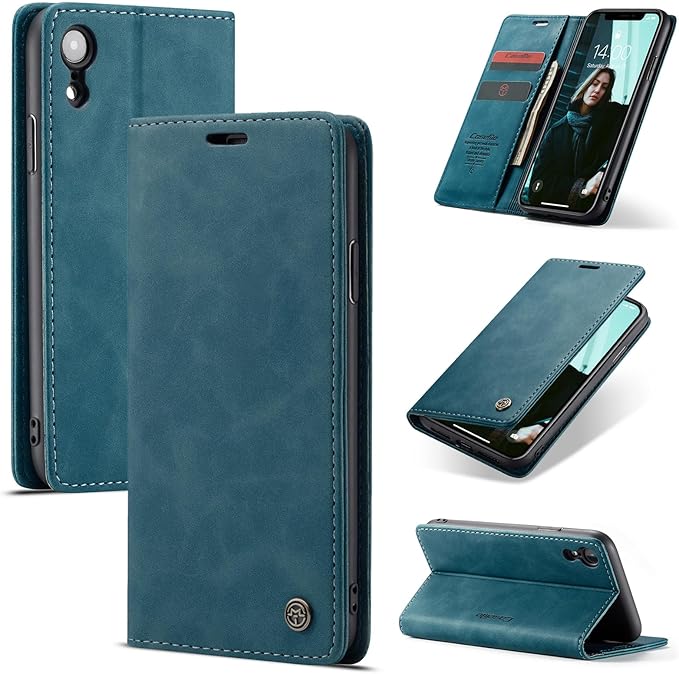 for iPhone XR 6.1-Inch Case, Flip Wallet Leather Case with Card Holder Magnetic Closure Shockproof Kickstand Protective Phone Cases Cover for iPhone XR, Blue-Green