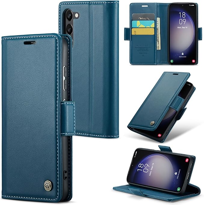 Case for Samsung Galaxy S23 Wallet Case, RFID Blocking PU Leather Flip Folio Cover Card Holder Kickstand Shockproof Phone Case Compatible with Samsung Galaxy S23, Blue