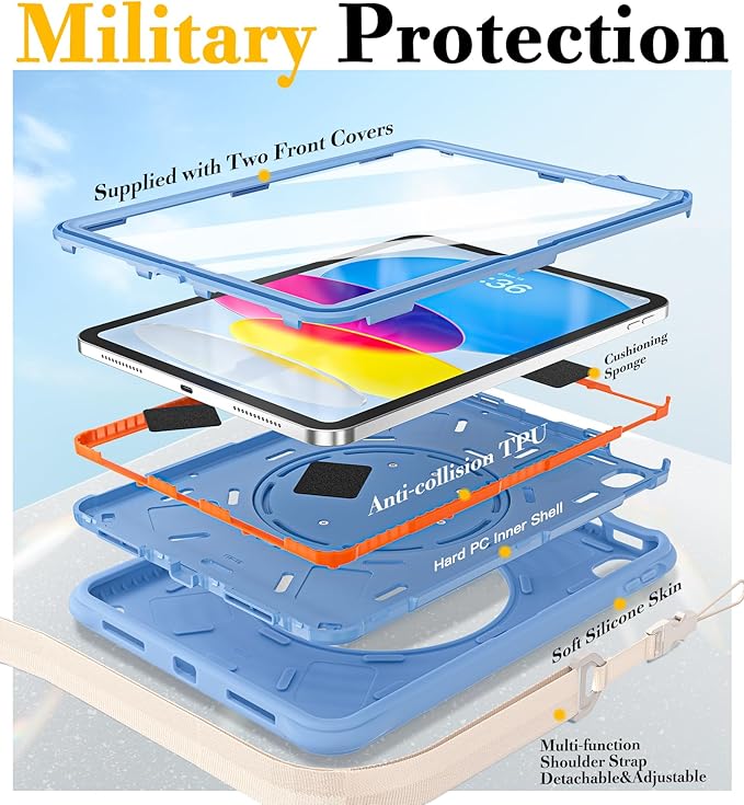 BRAECN Ripple Case for iPad (A16)11th/10th Generation 11/10.9 inch 2025/2022 Zinc Alloy Handle Ring Stand Protective Heavy Duty Screen Protector 360°Rotating 180°Folding Shoulder Strap Full-Body Cover