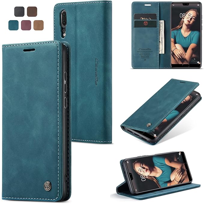 for Huawei P20 Case, Flip Wallet Leather Case with Card Holder Magnetic Closure Shockproof Kickstand Protective Phone Cases Cover for Huawei P20,Blue-Green