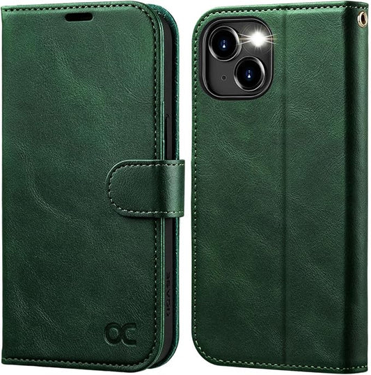 OCASE Compatible with iPhone 15 Wallet Case, PU Leather Flip Folio Case with Card Holders RFID Blocking Kickstand [Shockproof TPU Inner Shell] Phone Cover 6.1 Inch 2023, Blackish Green