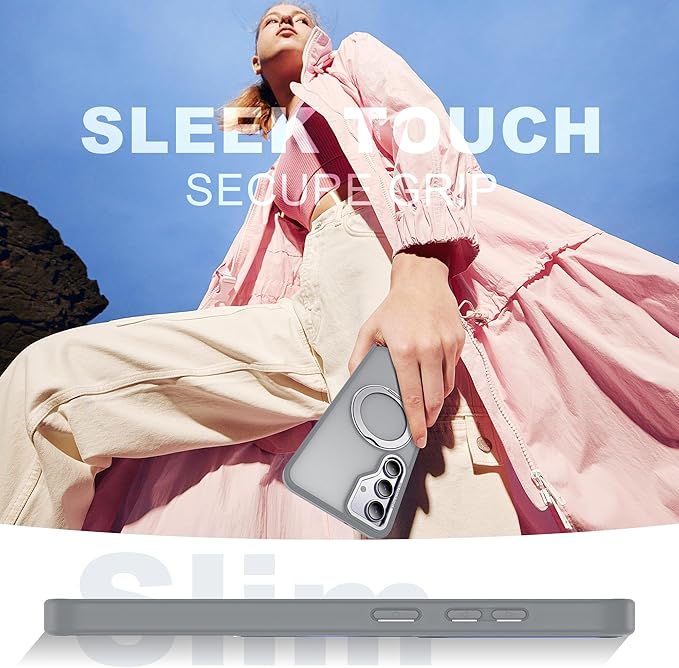 for Samsung Galaxy S24 FE Case with 360° Rotatable Magnetic Ring Stand Compatible with Mag-Safe Military Protection Shockproof Matte Translucent Phone Cases for S24 FE,Gray