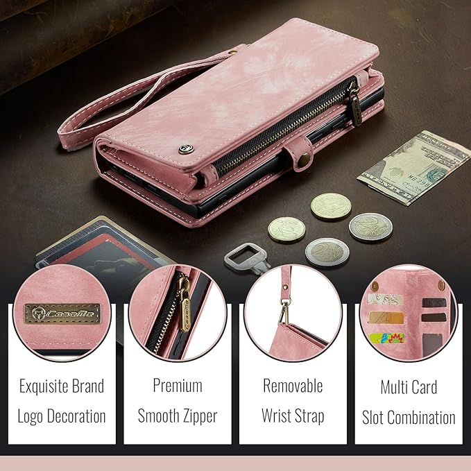 SZHAIYU 2 in 1 Detachable for Samsung Galaxy S25 Ultra Wallet Case with Card Holder, Retro Premium Flip Leather Cover Magnetic Zipper Pocket Phone Cases 6.8'' (Pink, S25 Ultra)