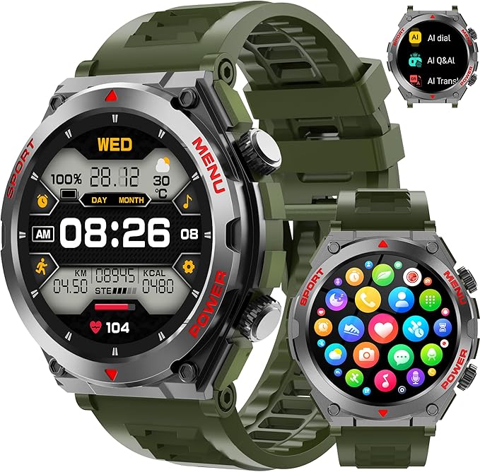 Military Smart Watch for Men With AI Q&A (Answer/Make Call/SMS Reply), 1.52" HD Smartwatch for Android Phones/iPhone, 100+ Sport Mode Fitness Tracker with HR, SpO2, Sleep Monitor, IP68 Waterproof