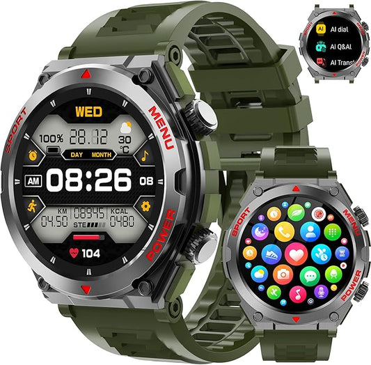 Military Smart Watch for Men With AI Q&A (Answer/Make Call/SMS Reply), 1.52" HD Smartwatch for Android Phones/iPhone, 100+ Sport Mode Fitness Tracker with HR, SpO2, Sleep Monitor, IP68 Waterproof