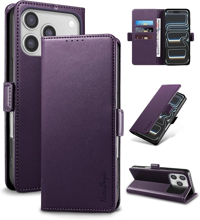 Wallet Flip Case for iPhone 17 Pro 5G - [RFID Blocking] Luxury PU Leather Card Holder Magnetic Phone Cover with Kickstand,Shockproof Protective Case,Purple