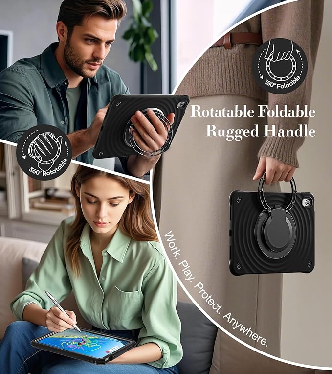 BRAECN Ripple Case for iPad (A16)11th/10th Generation 11/10.9 inch 2025/2022 Zinc Alloy Handle Ring Stand Protective Heavy Duty Screen Protector 360°Rotating 180°Folding Shoulder Strap Full-Body Cover